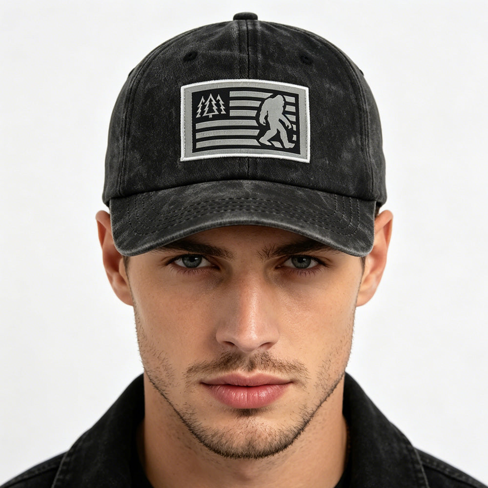 Bigfoot Sasquatch American Flag Baseball Cap | Vintage Washed Dad Hat | Funny Outdoor Trucker Hat Gift for Men & Women