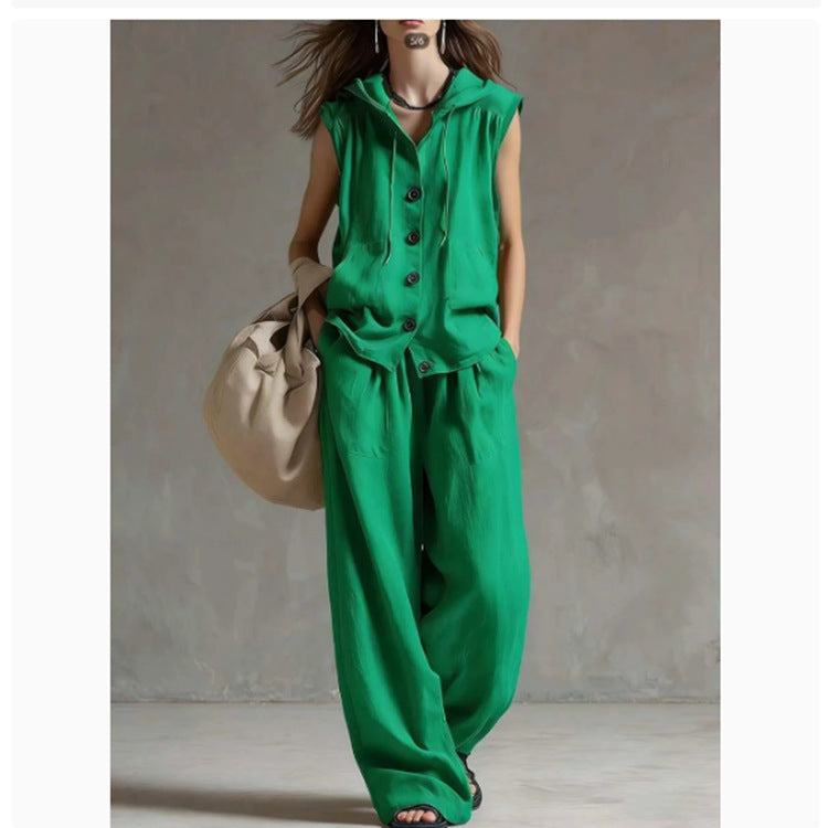 Women's 2-Piece Lounge Set | Sleeveless Hoodie & Wide-Leg Pants