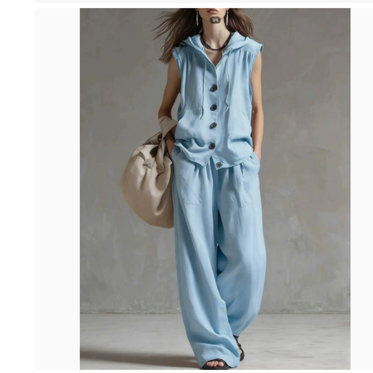 Women's 2-Piece Lounge Set | Sleeveless Hoodie & Wide-Leg Pants
