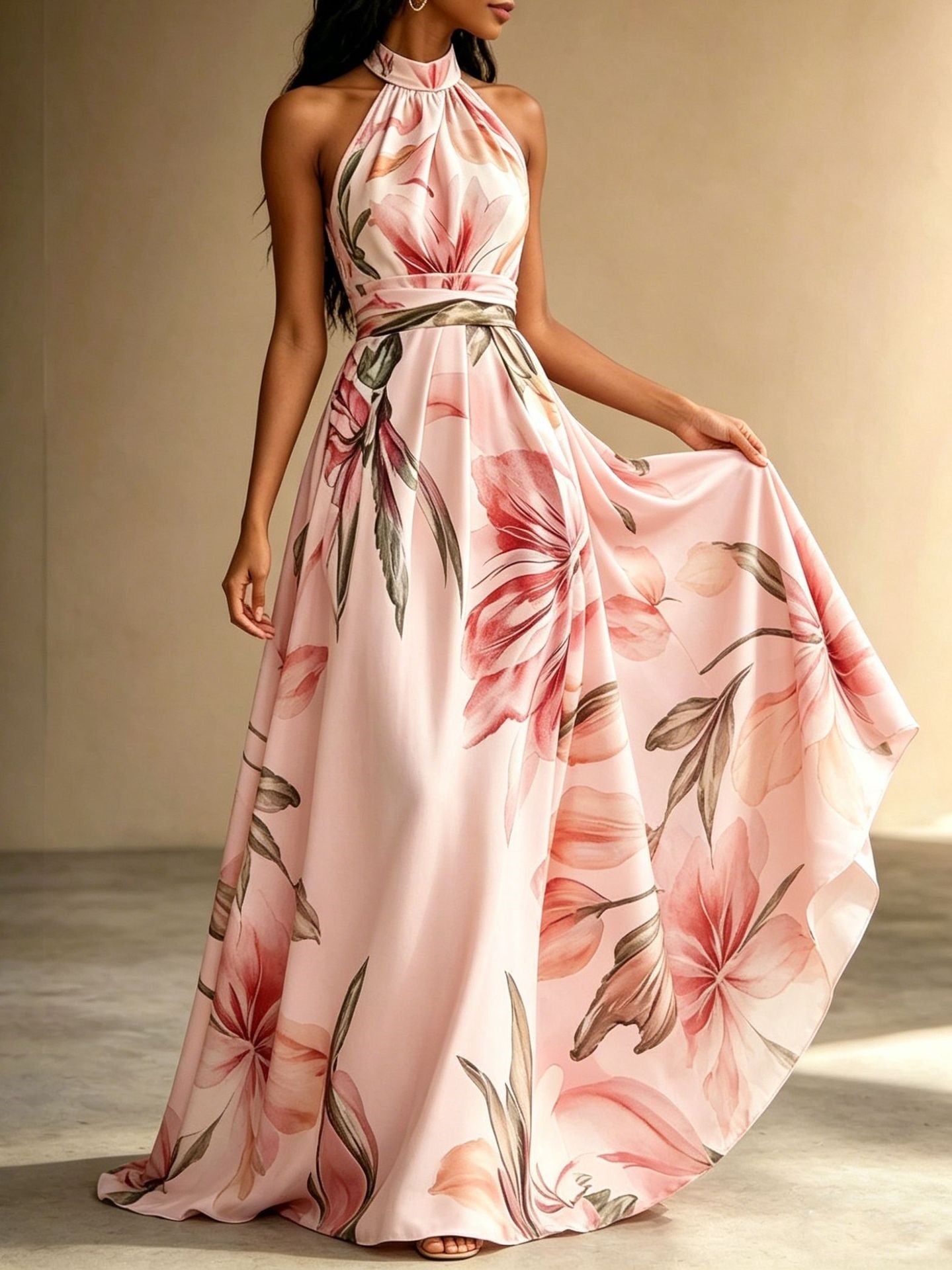 Elegant Floral Maxi Dress for Women – Backless High Waist Summer Dress with Flowy Oversized Skirt