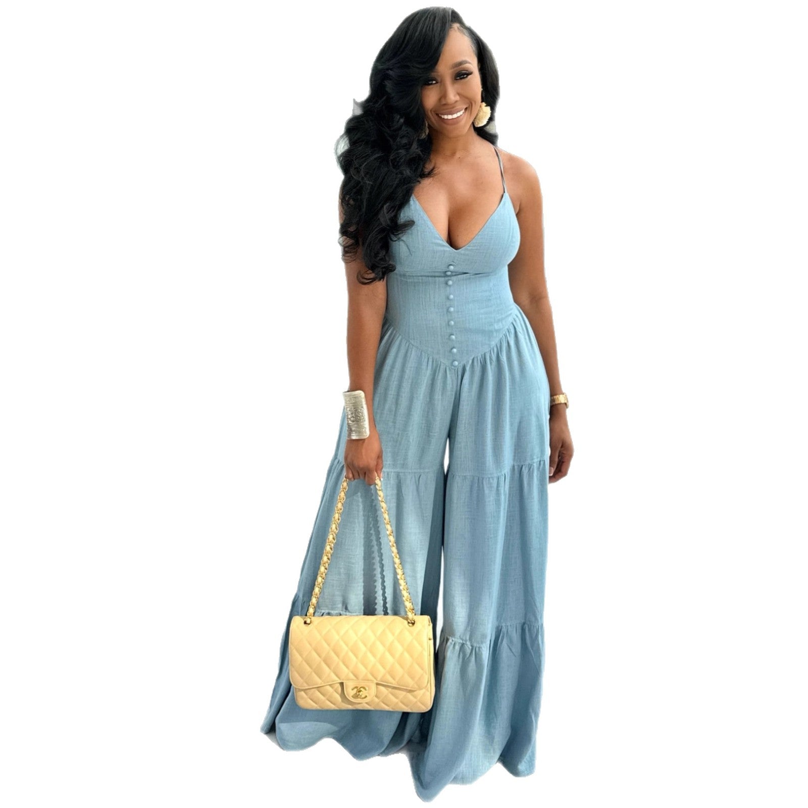 Deep V-Neck Open Back Jumpsuit for Women