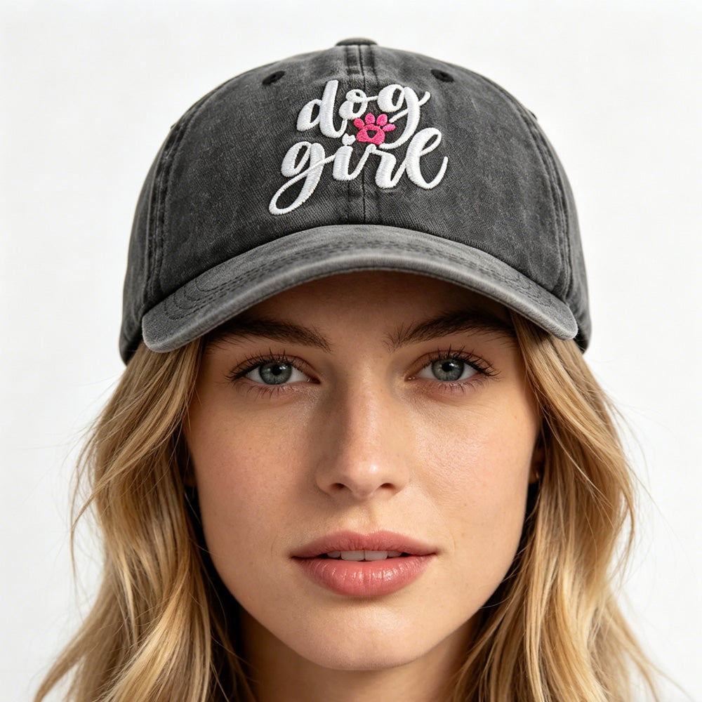 Dog Girl Embroidered Baseball Cap | Vintage Washed Cotton