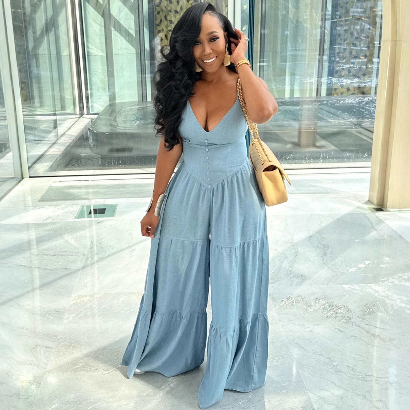 Deep V-Neck Open Back Jumpsuit for Women