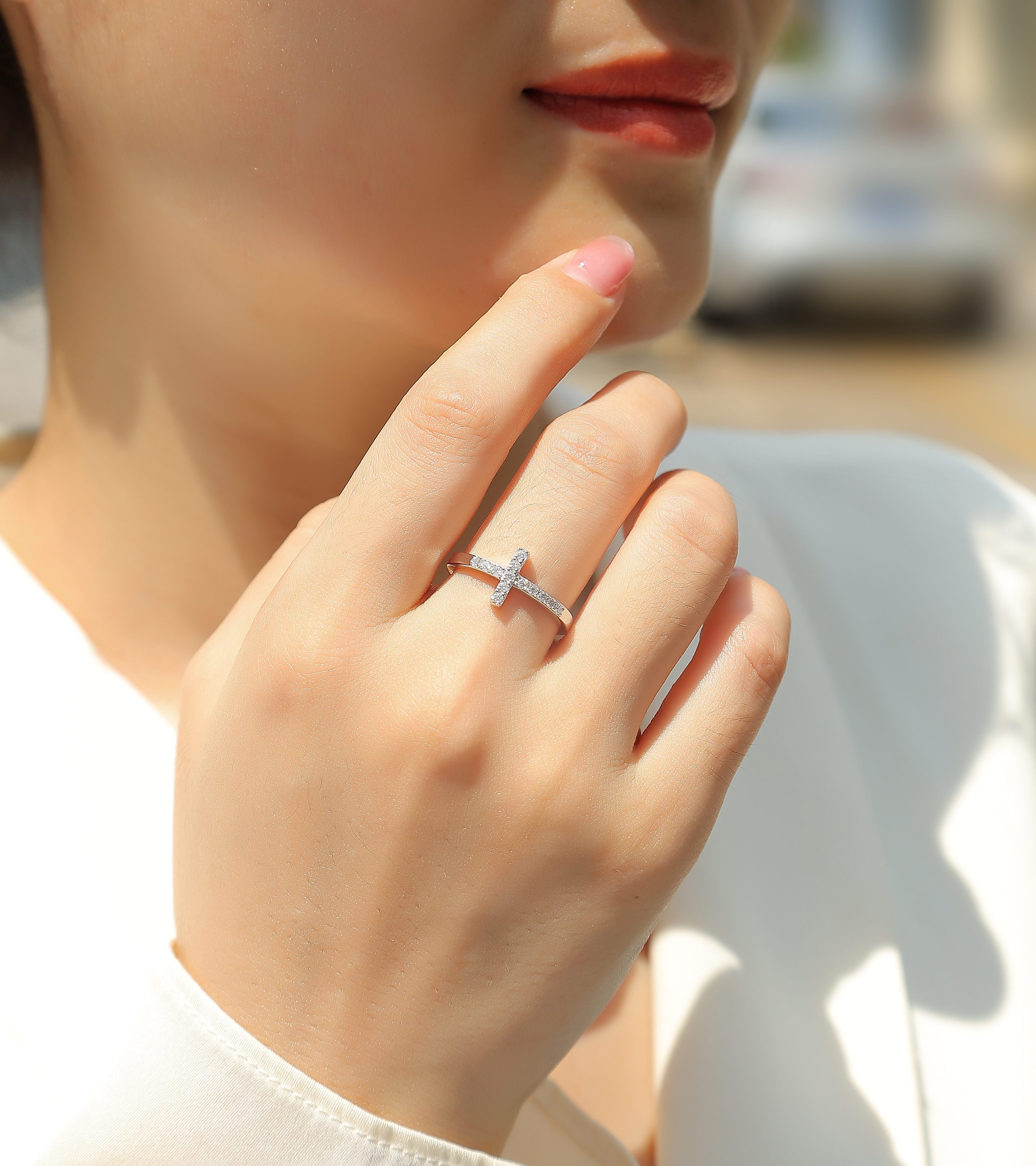 Holy Cross Moissanite Ring | Platinum Plated S925 Sterling Silver | Luxury Christian Faith Jewelry Gift for Women