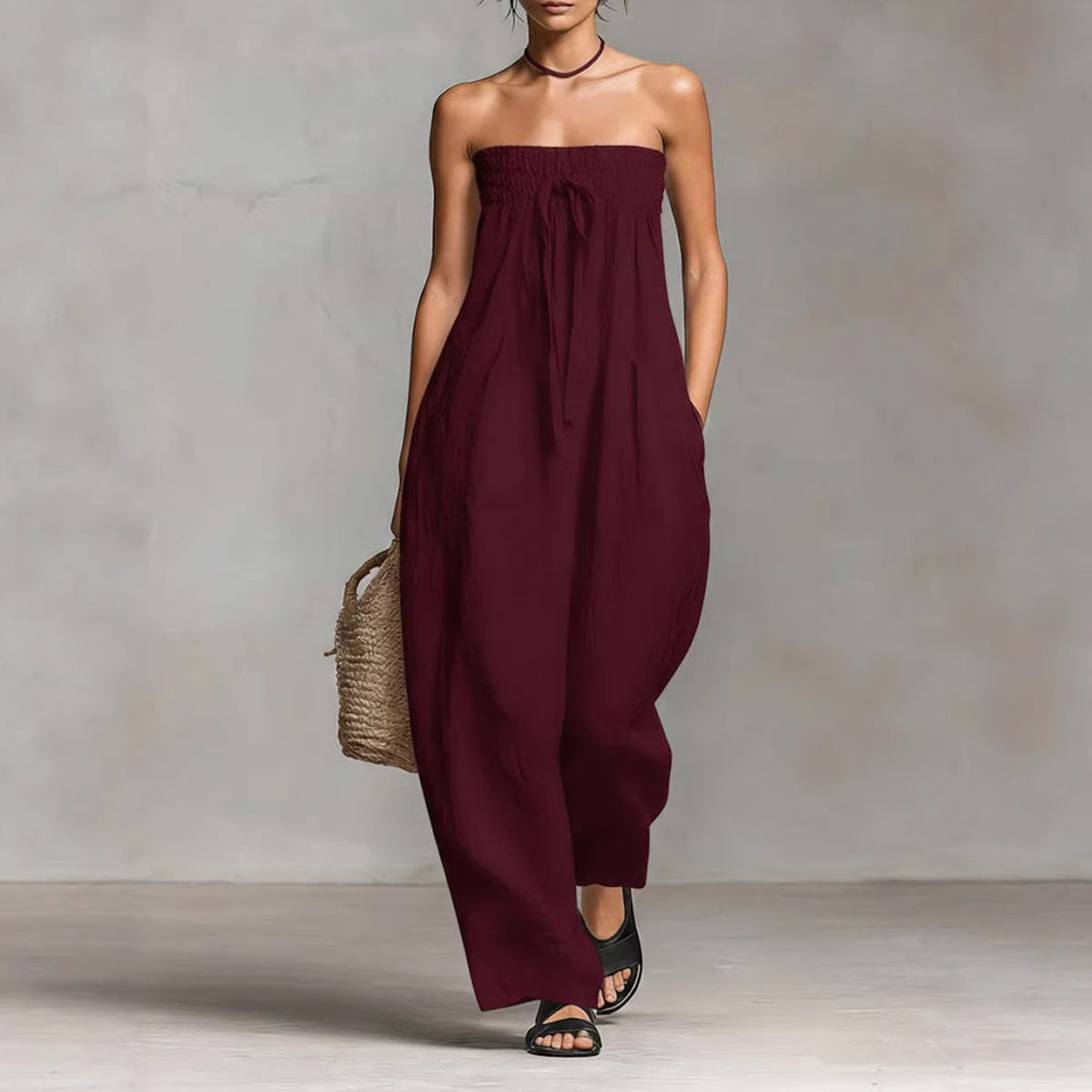 Strapless Ruched Jumpsuit for Women | Tube Top Wide Leg Romper