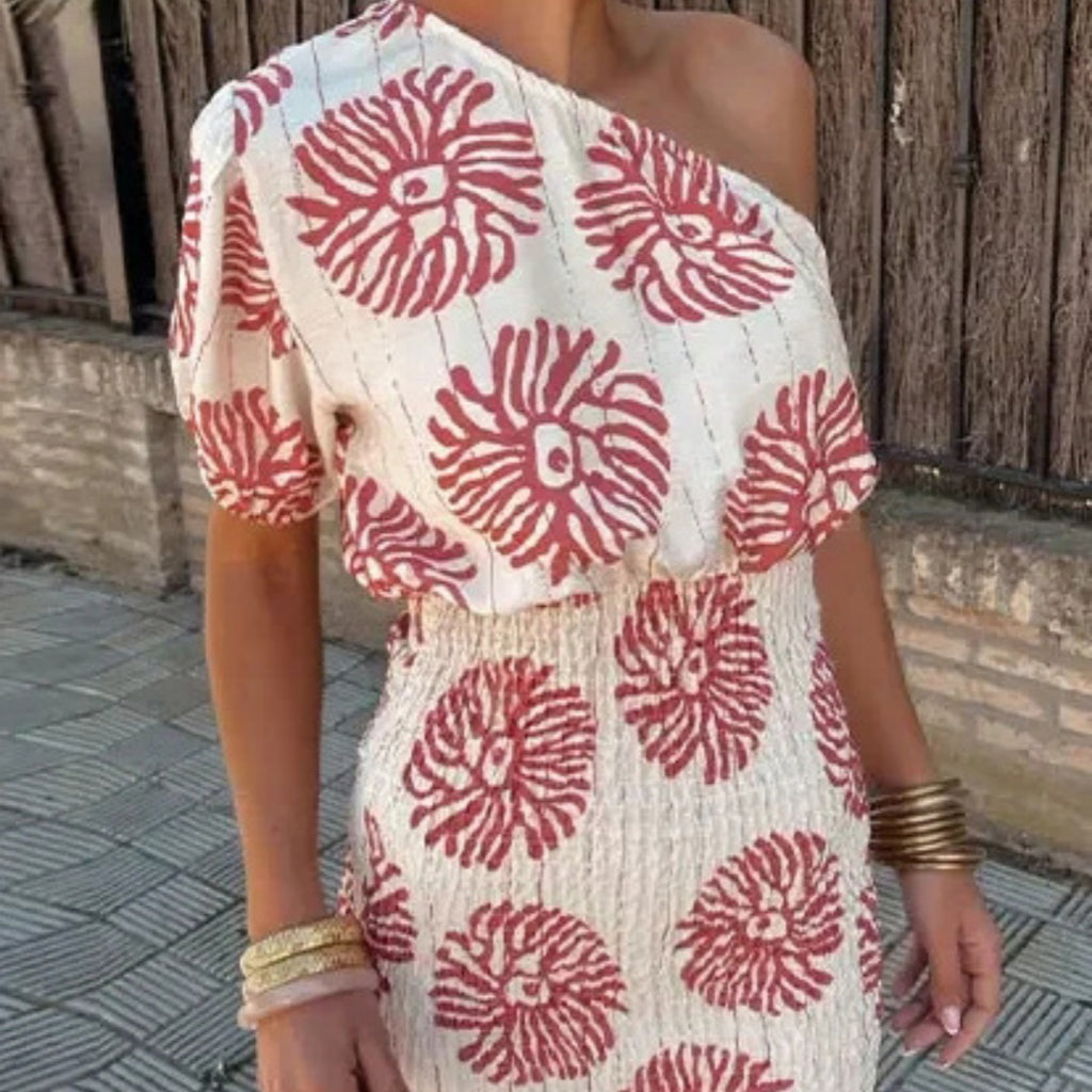 Off-Shoulder Printed Mini Dress | High Waist A-Line Summer Dress