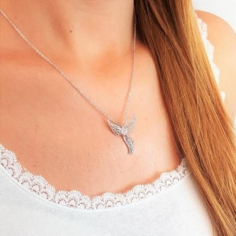 Women Angel Diamond Pendant Necklace | Religious Jewelry Gift for Women & Men | Silver Crystal Charm Necklace
