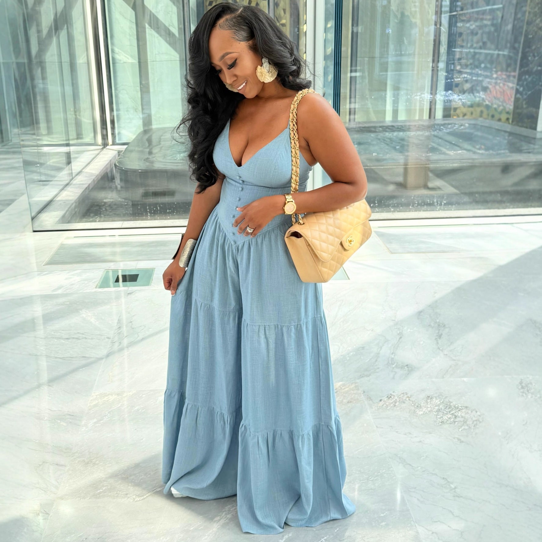 Deep V-Neck Open Back Jumpsuit for Women