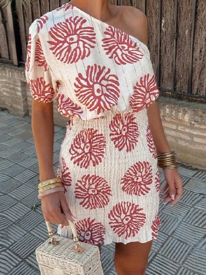 Off-Shoulder Printed Mini Dress | High Waist A-Line Summer Dress