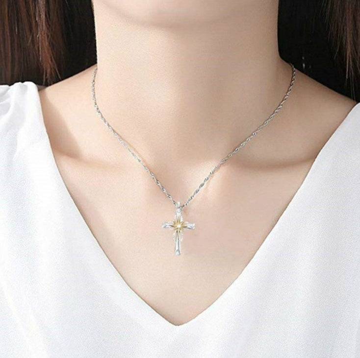 Silver Cross Pendant Necklace for Women | Octagonal Star Cross Chain | Christian Faith Jewelry Gift
