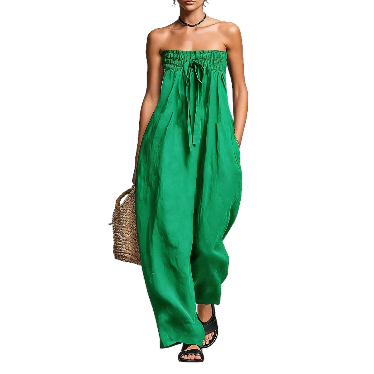 Strapless Ruched Jumpsuit for Women | Tube Top Wide Leg Romper