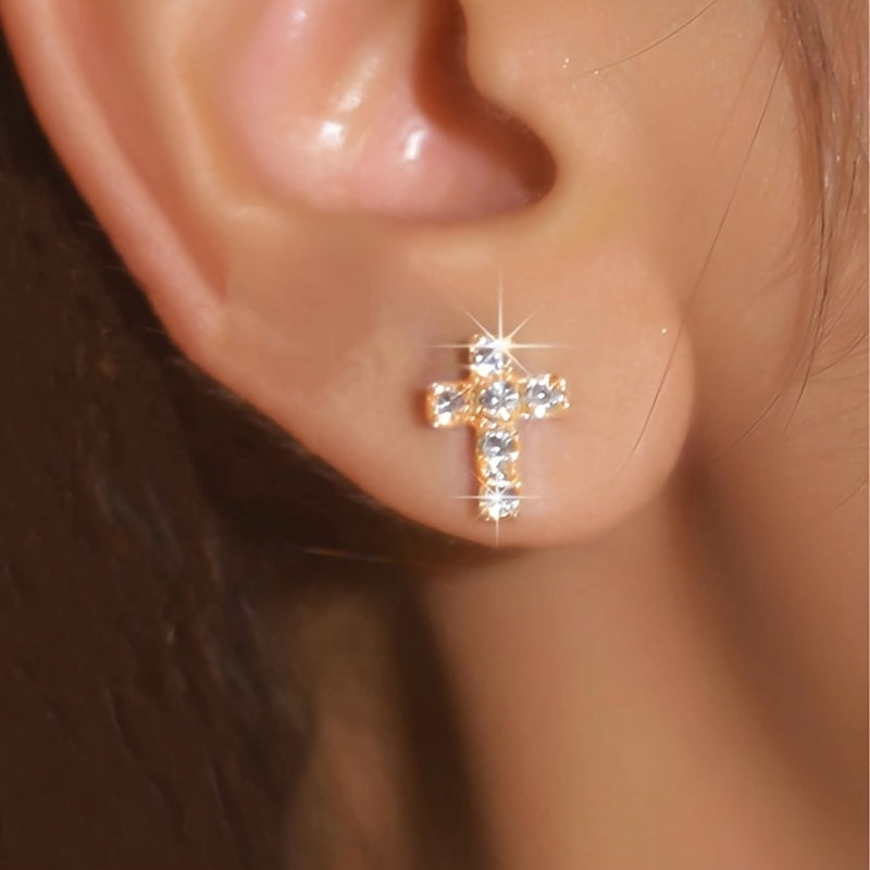 Luxury Gold Cross Stud Earrings for Women – KC Gold Plated Rhinestone Crystal Earrings, Elegant Faith-Inspired Jewelry for Parties, Gifts & Special Occasions