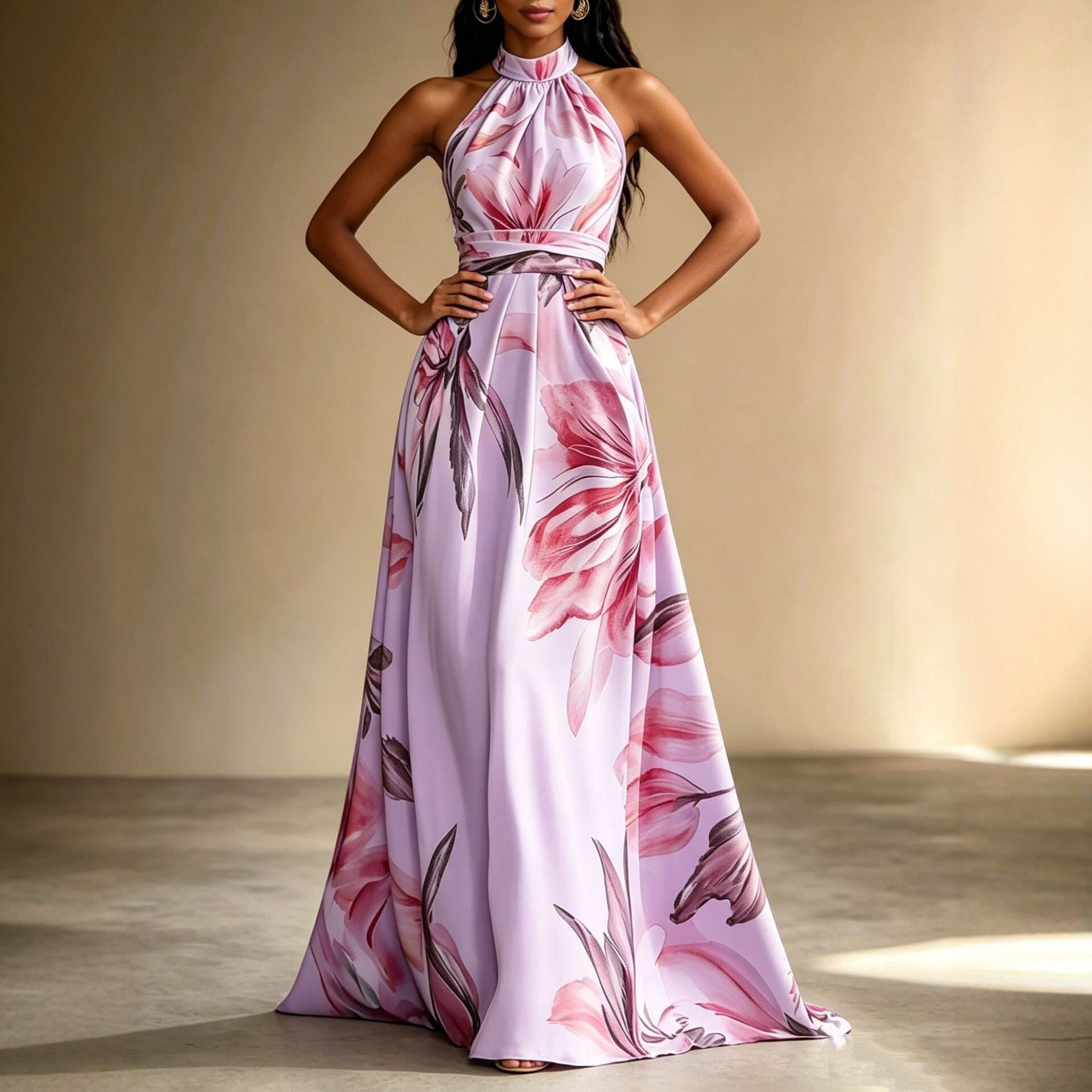 Elegant Floral Maxi Dress for Women – Backless High Waist Summer Dress with Flowy Oversized Skirt