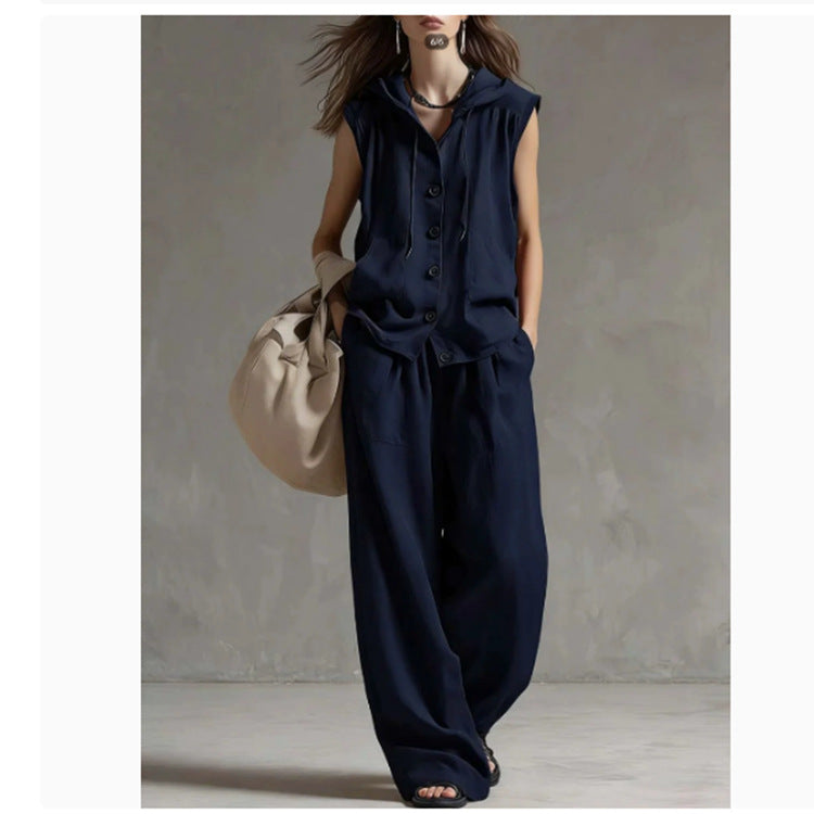 Women's 2-Piece Lounge Set | Sleeveless Hoodie & Wide-Leg Pants