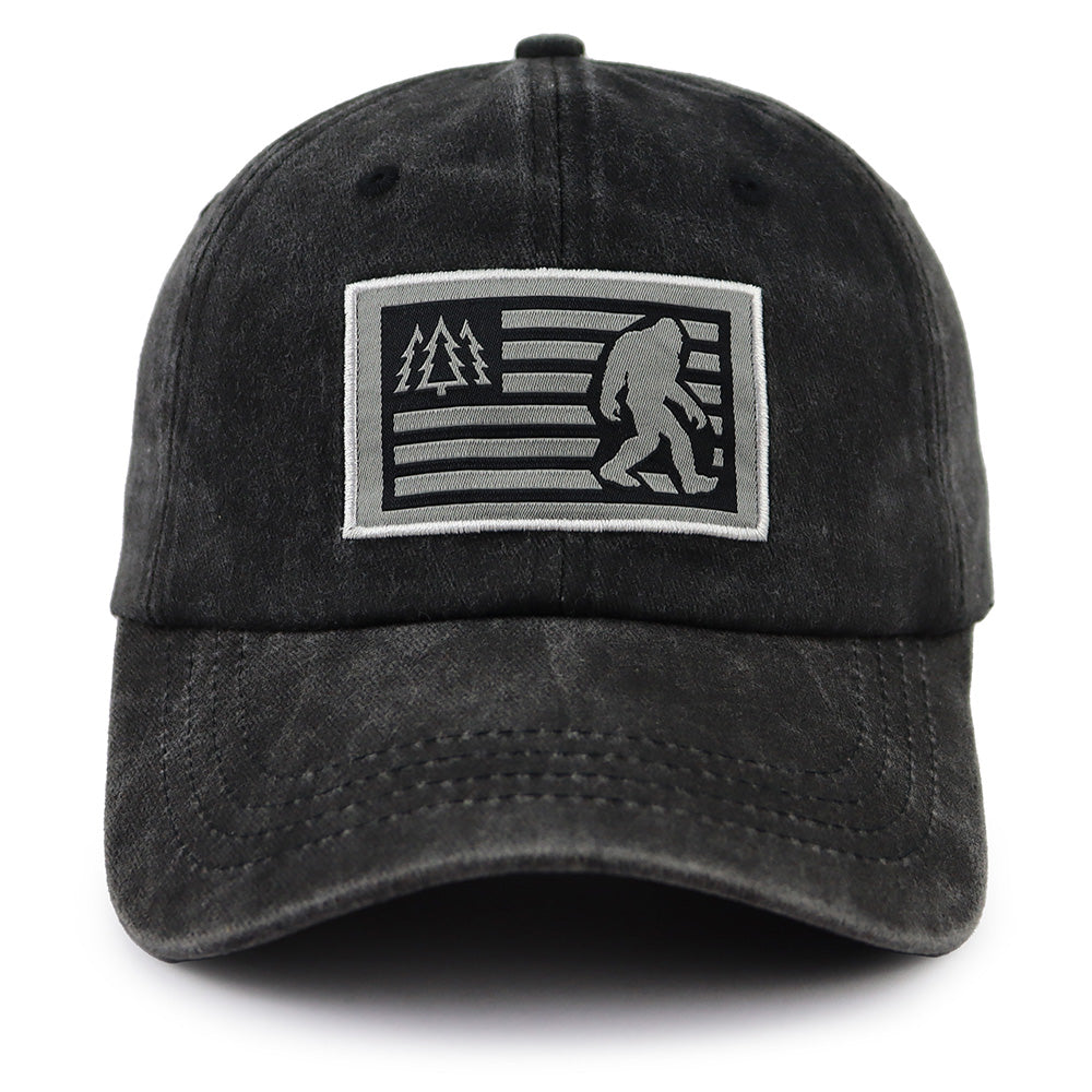 Bigfoot Sasquatch American Flag Baseball Cap | Vintage Washed Dad Hat | Funny Outdoor Trucker Hat Gift for Men & Women