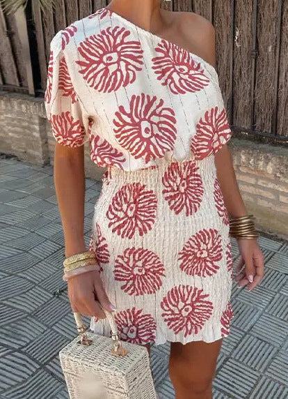 Off-Shoulder Printed Mini Dress | High Waist A-Line Summer Dress