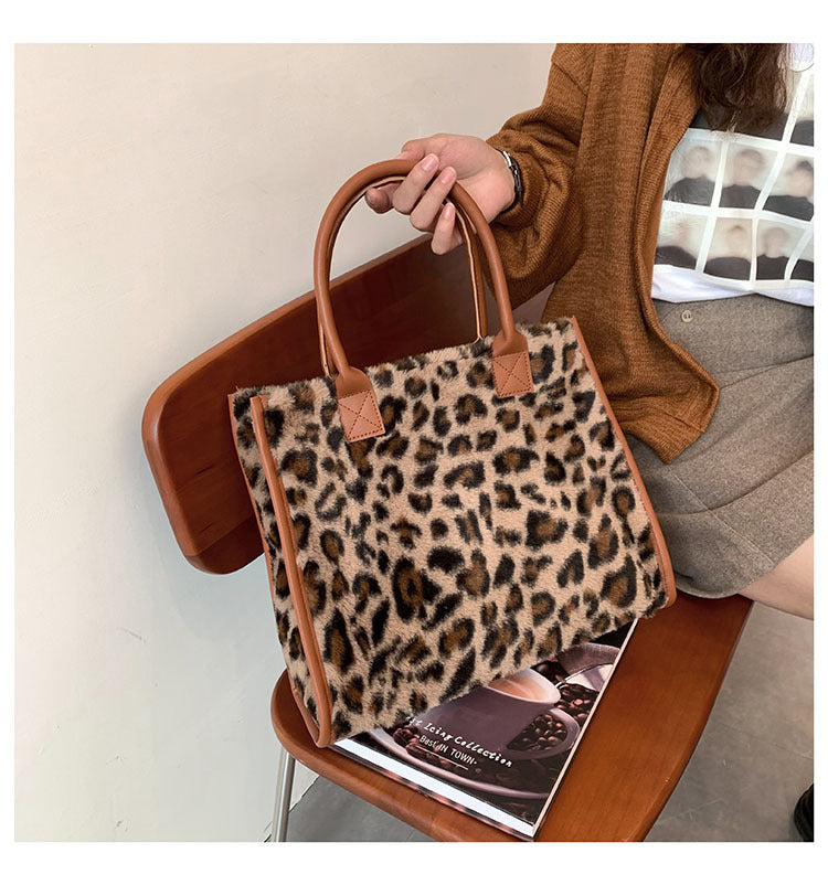 Trendy Plush Leopard Print Handbag | Large Capacity Women's Tote Bag | Robledo Outfitters.
