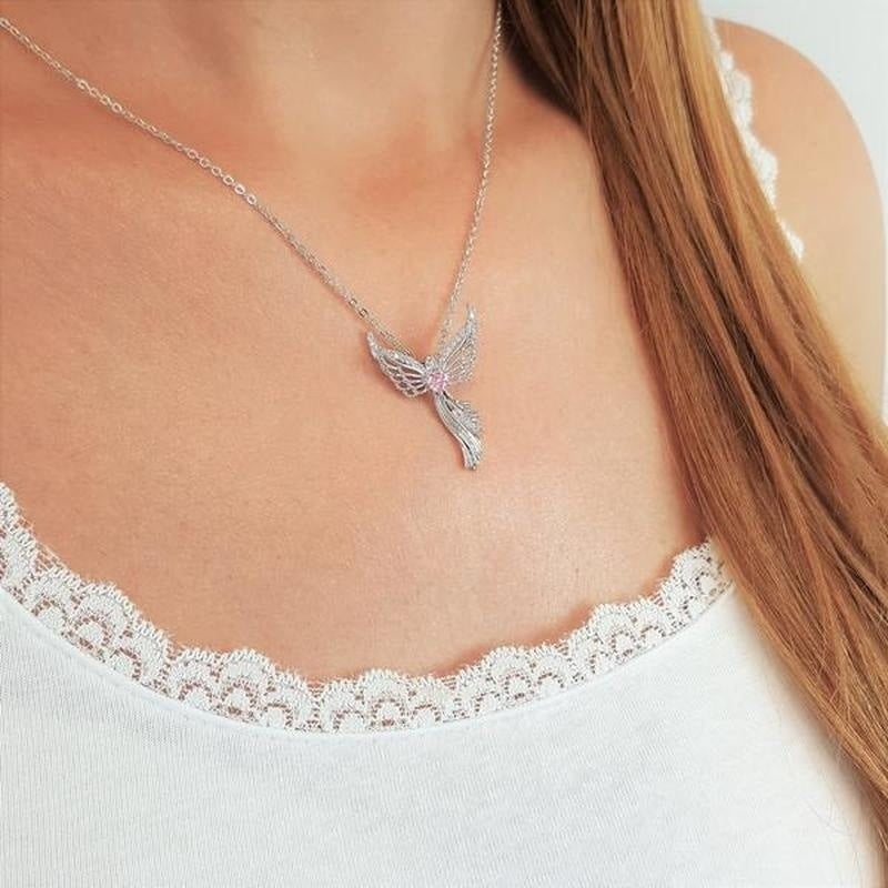 Women Angel Diamond Pendant Necklace | Religious Jewelry Gift for Women & Men | Silver Crystal Charm Necklace