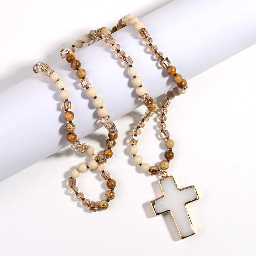 Boho Natural Stone Cross Necklace for Women | Long Sweater Chain | Bohemian Layered Pendant Jewelry Gift