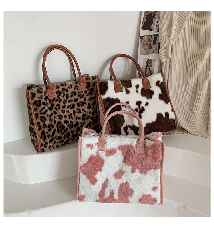 Trendy Plush Leopard Print Handbag | Large Capacity Women's Tote Bag | Robledo Outfitters.