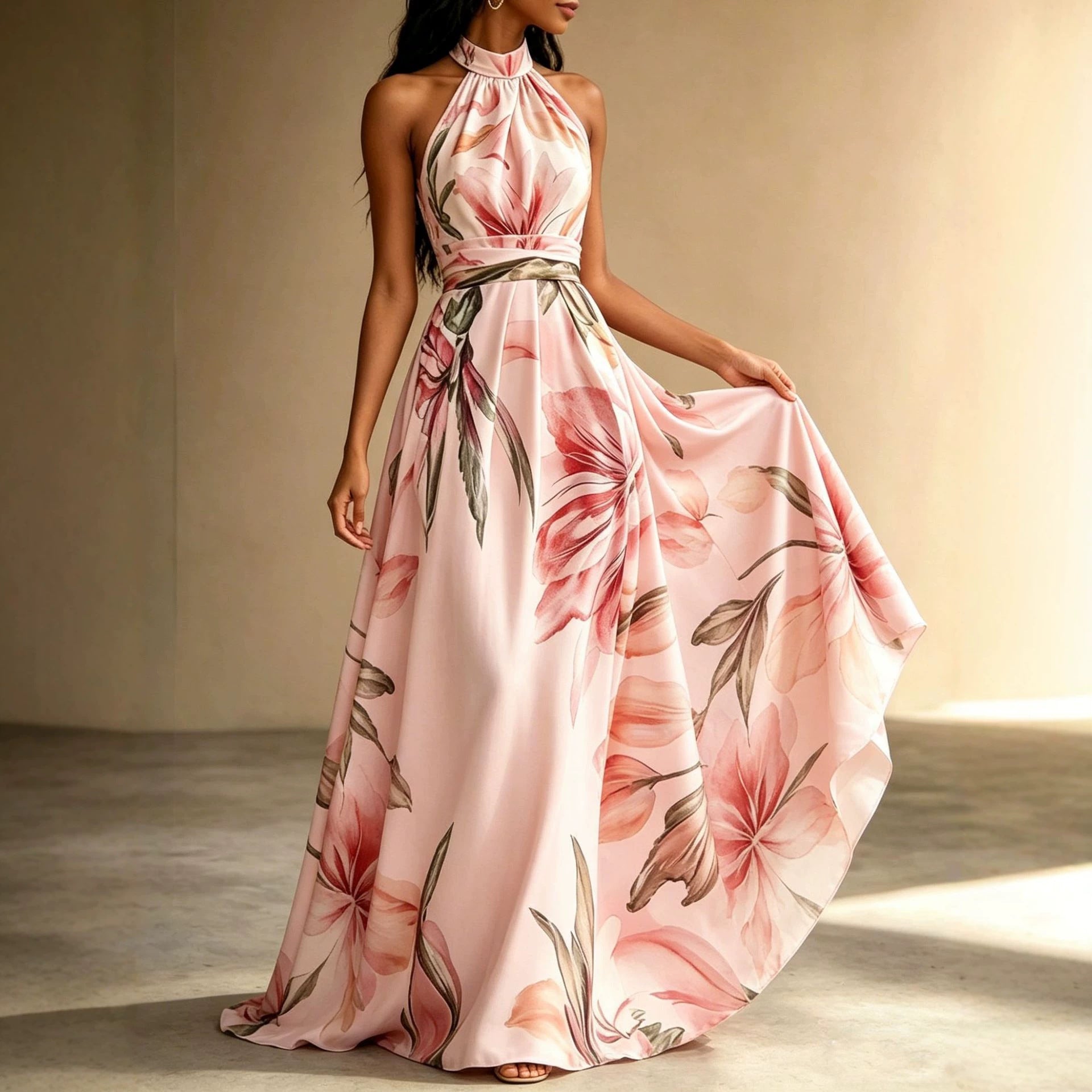 Elegant Floral Maxi Dress for Women – Backless High Waist Summer Dress with Flowy Oversized Skirt