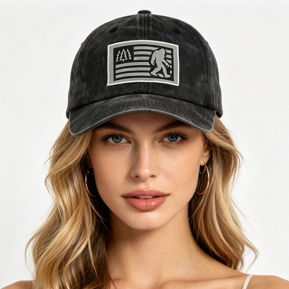 Bigfoot Sasquatch American Flag Baseball Cap | Vintage Washed Dad Hat | Funny Outdoor Trucker Hat Gift for Men & Women