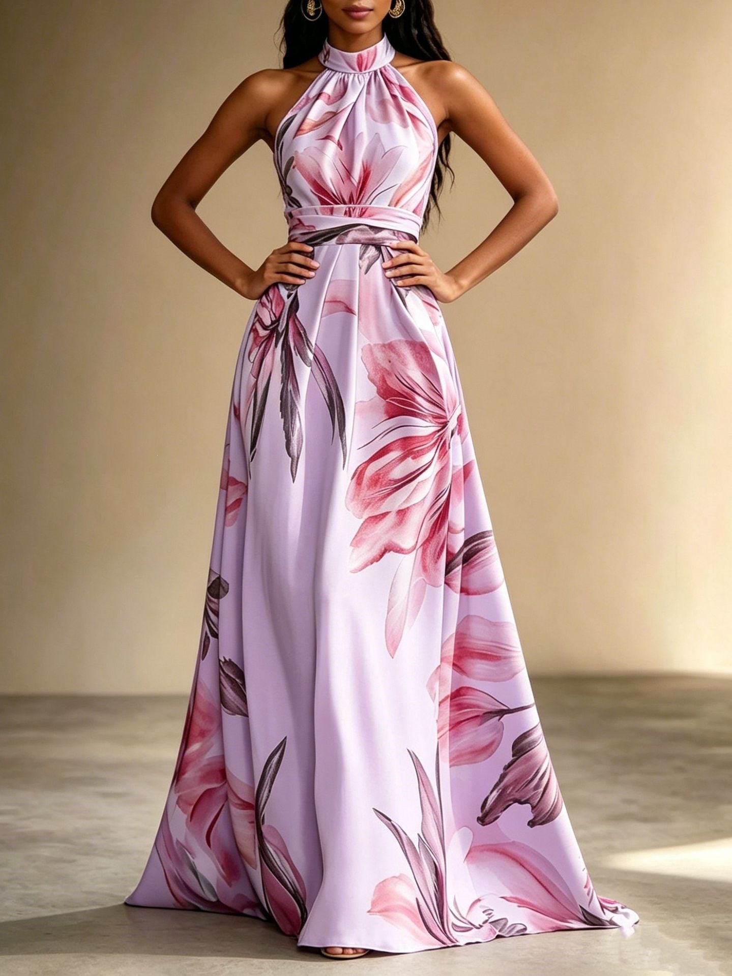 Elegant Floral Maxi Dress for Women – Backless High Waist Summer Dress with Flowy Oversized Skirt