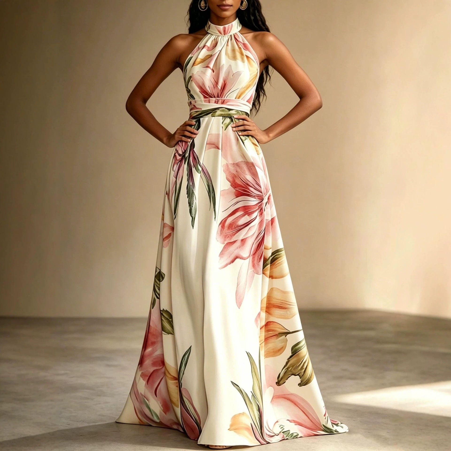 Elegant Floral Maxi Dress for Women – Backless High Waist Summer Dress with Flowy Oversized Skirt