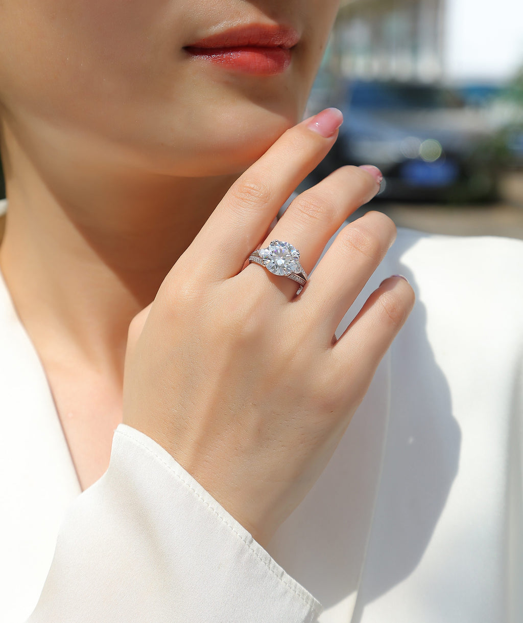 5 Carat Moissanite Engagement Ring | Platinum Plated S925 Sterling Silver | Luxury Diamond Alternative Ring for Women