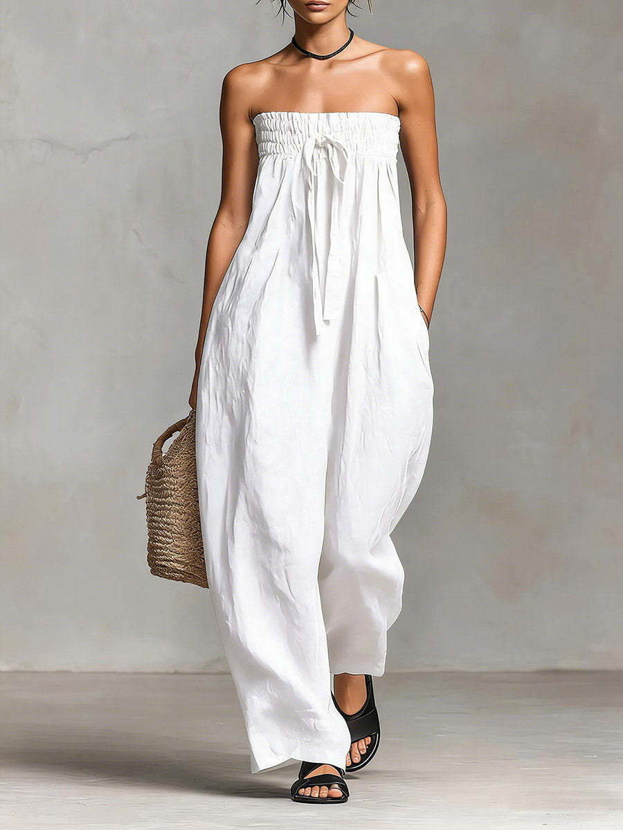 Strapless Ruched Jumpsuit for Women | Tube Top Wide Leg Romper