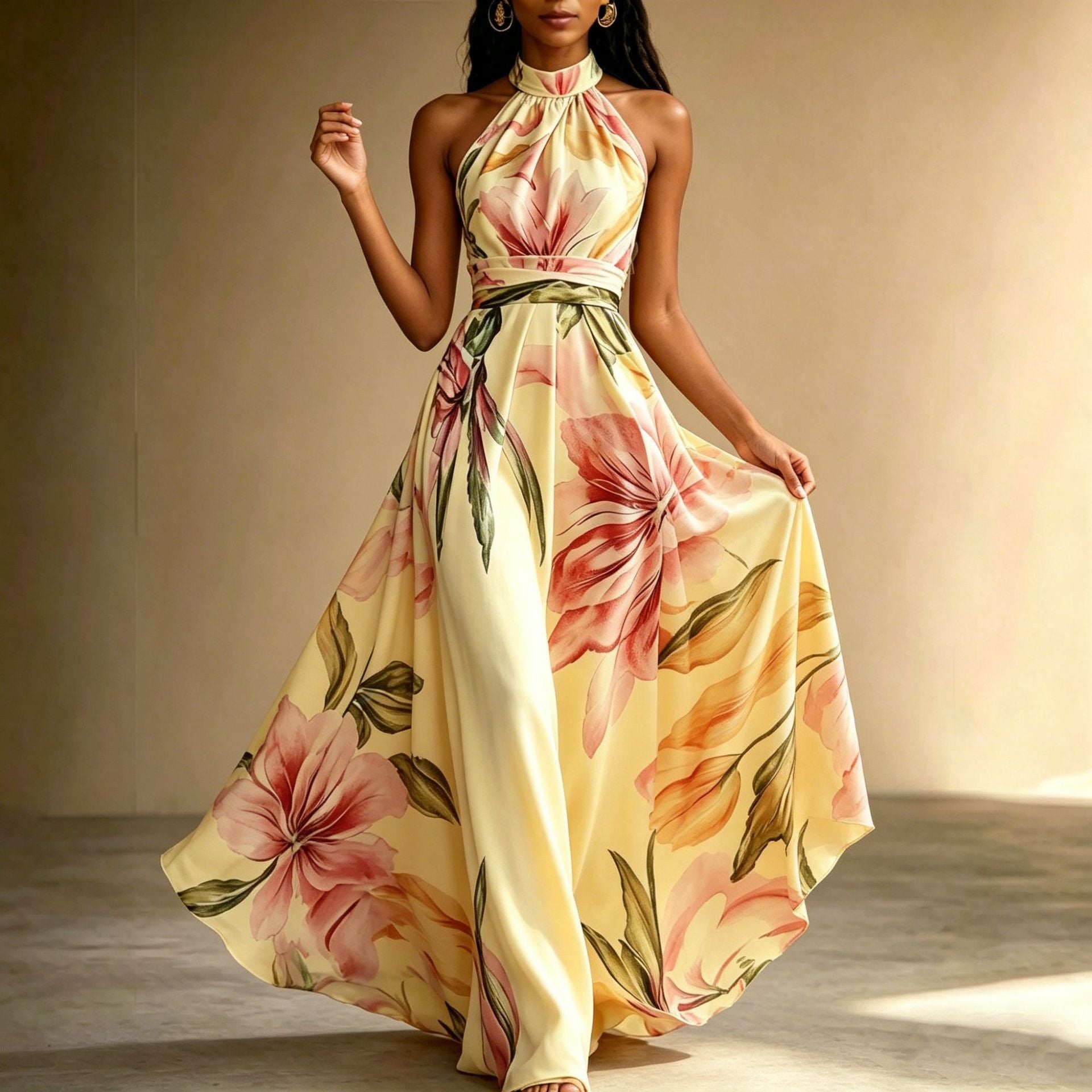 Elegant Floral Maxi Dress for Women – Backless High Waist Summer Dress with Flowy Oversized Skirt