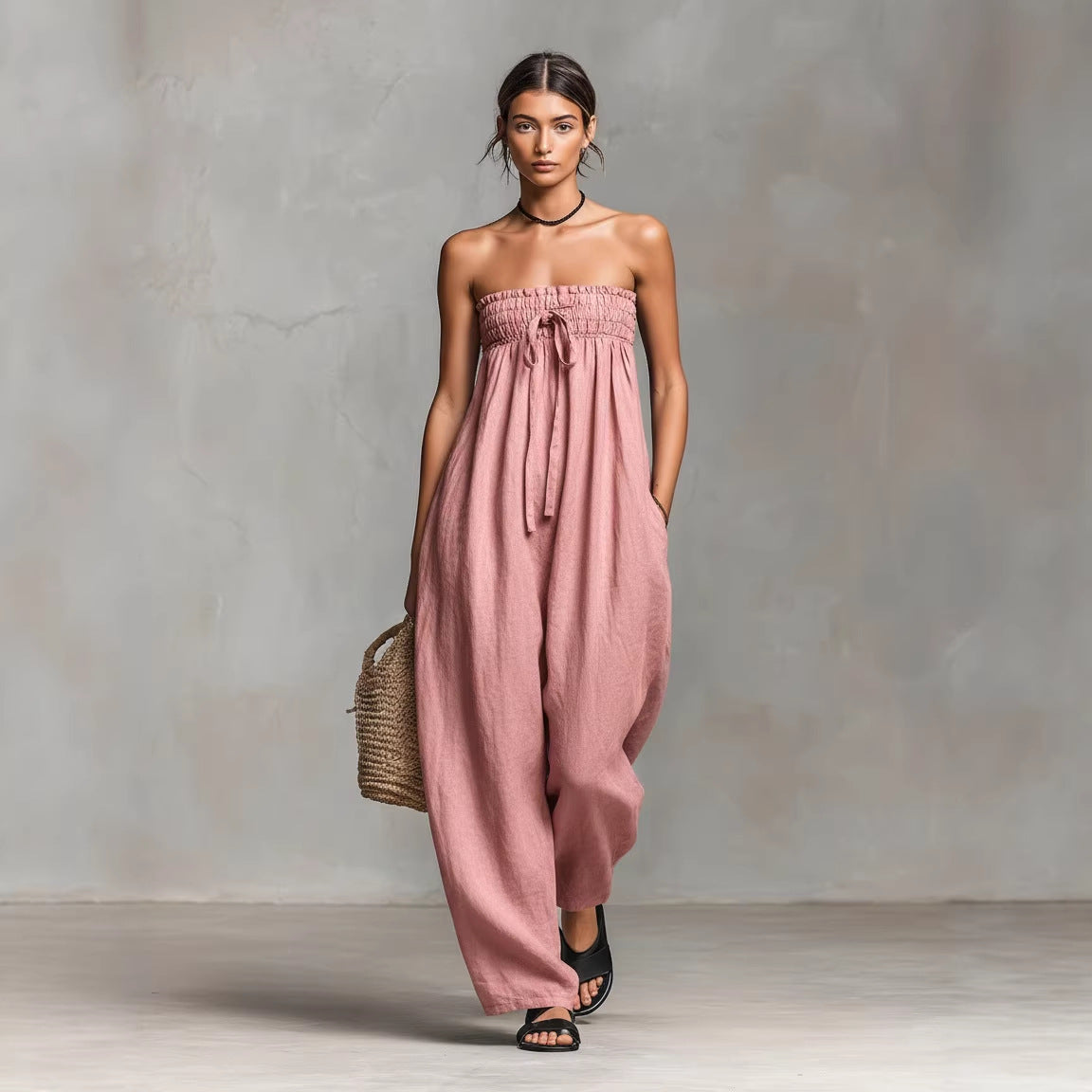 Strapless Ruched Jumpsuit for Women | Tube Top Wide Leg Romper