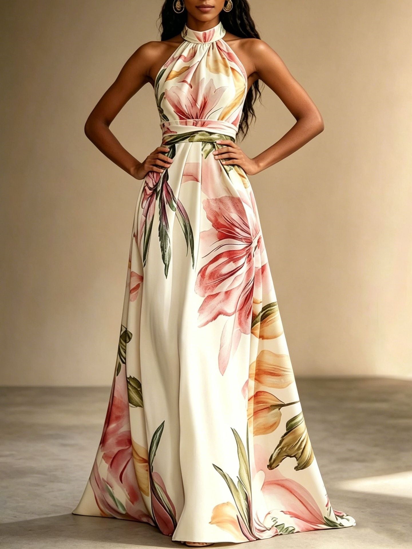 Elegant Floral Maxi Dress for Women – Backless High Waist Summer Dress with Flowy Oversized Skirt