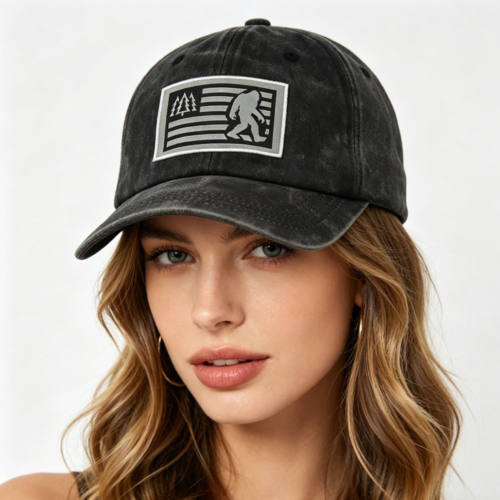 Bigfoot Sasquatch American Flag Baseball Cap | Vintage Washed Dad Hat | Funny Outdoor Trucker Hat Gift for Men & Women