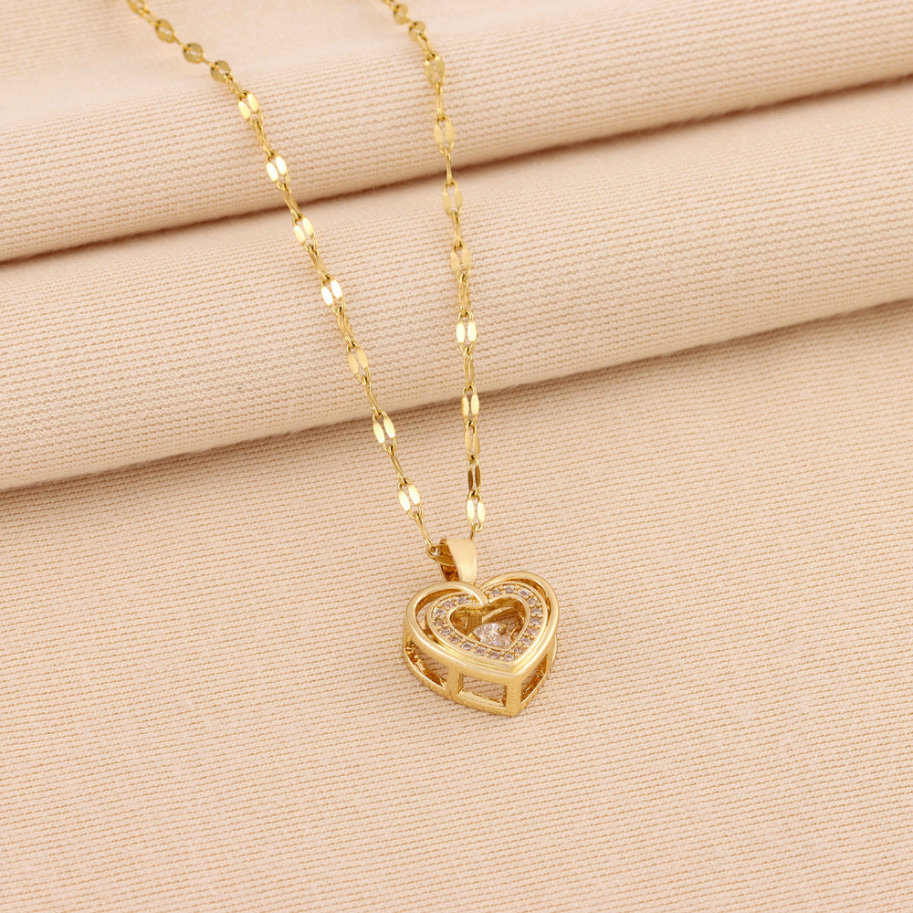 Double-Layer Heart Necklace with Rhinestones