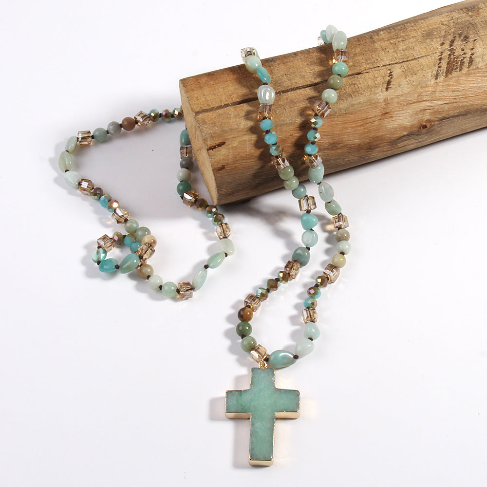 Boho Natural Stone Cross Necklace for Women | Long Sweater Chain | Bohemian Layered Pendant Jewelry Gift