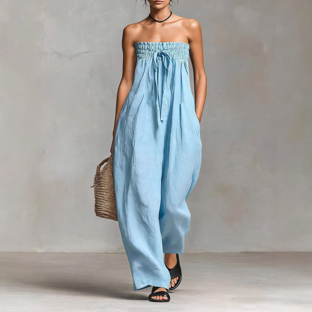 Strapless Ruched Jumpsuit for Women | Tube Top Wide Leg Romper
