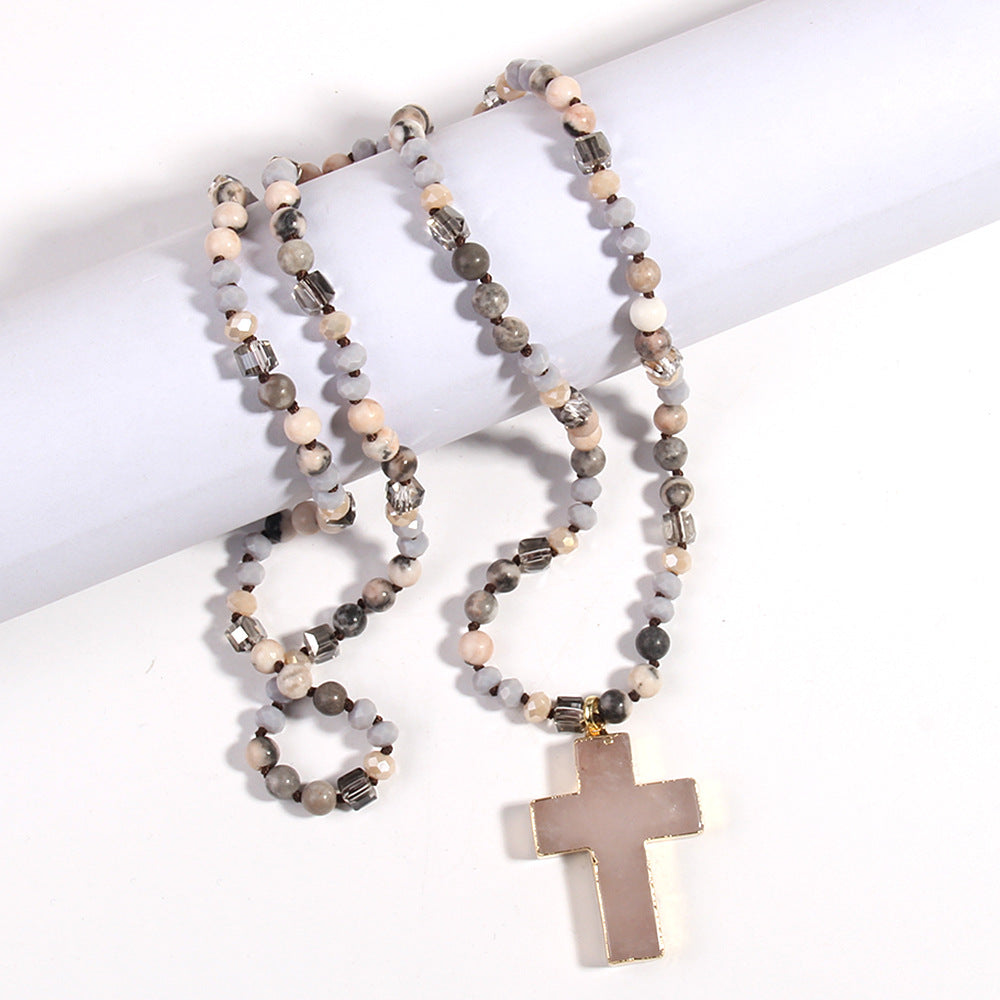 Boho Natural Stone Cross Necklace for Women | Long Sweater Chain | Bohemian Layered Pendant Jewelry Gift
