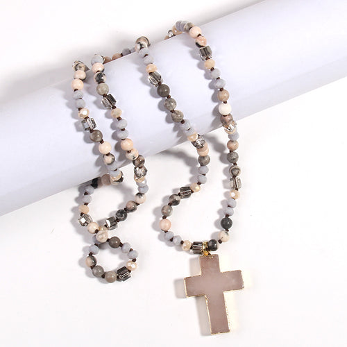 Boho Natural Stone Cross Necklace for Women | Long Sweater Chain | Bohemian Layered Pendant Jewelry Gift