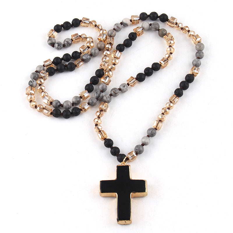 Boho Natural Stone Cross Necklace for Women | Long Sweater Chain | Bohemian Layered Pendant Jewelry Gift