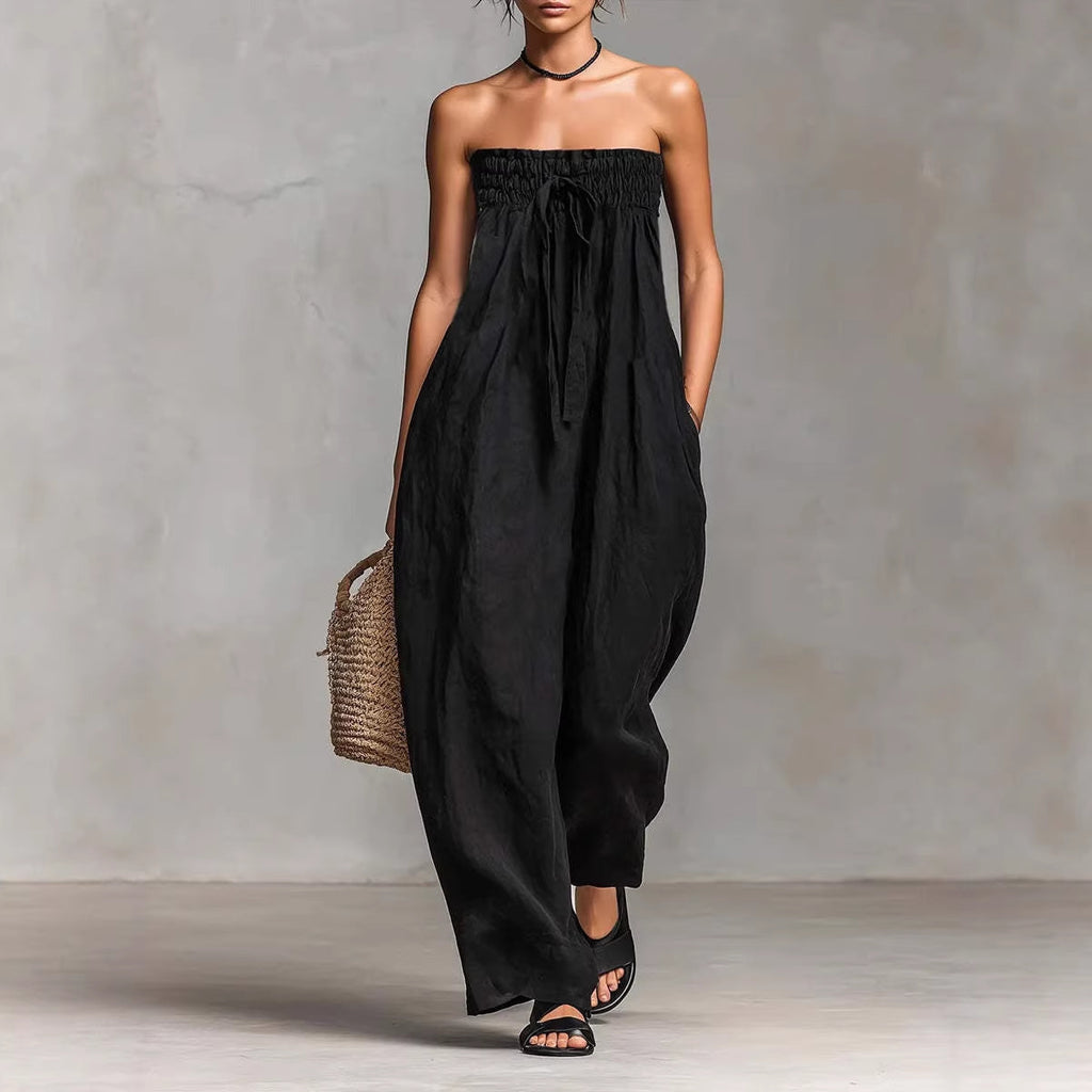 Strapless Ruched Jumpsuit for Women | Tube Top Wide Leg Romper