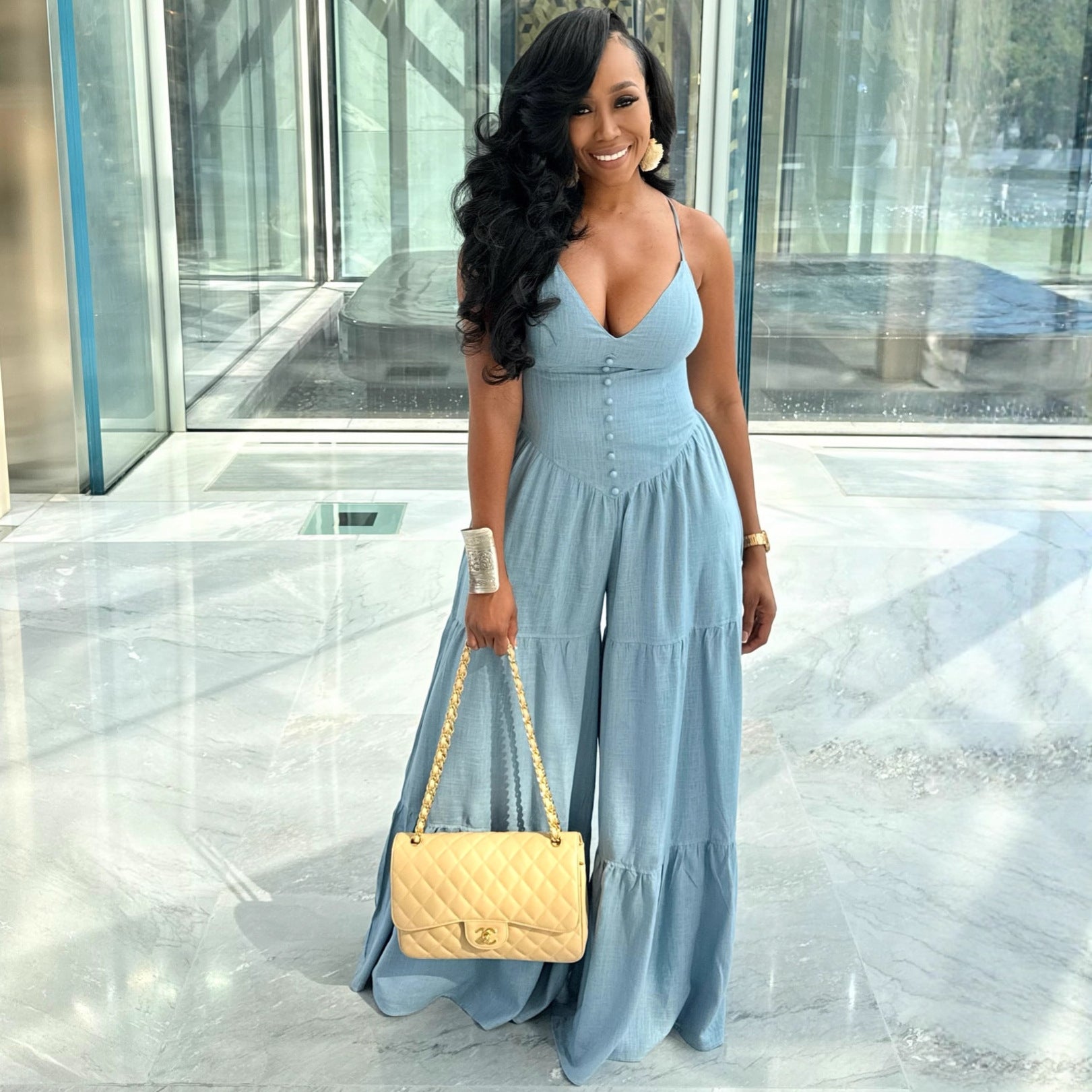 Deep V-Neck Open Back Jumpsuit for Women