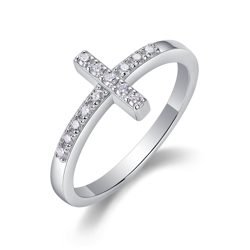 Holy Cross Moissanite Ring | Platinum Plated S925 Sterling Silver | Luxury Christian Faith Jewelry Gift for Women