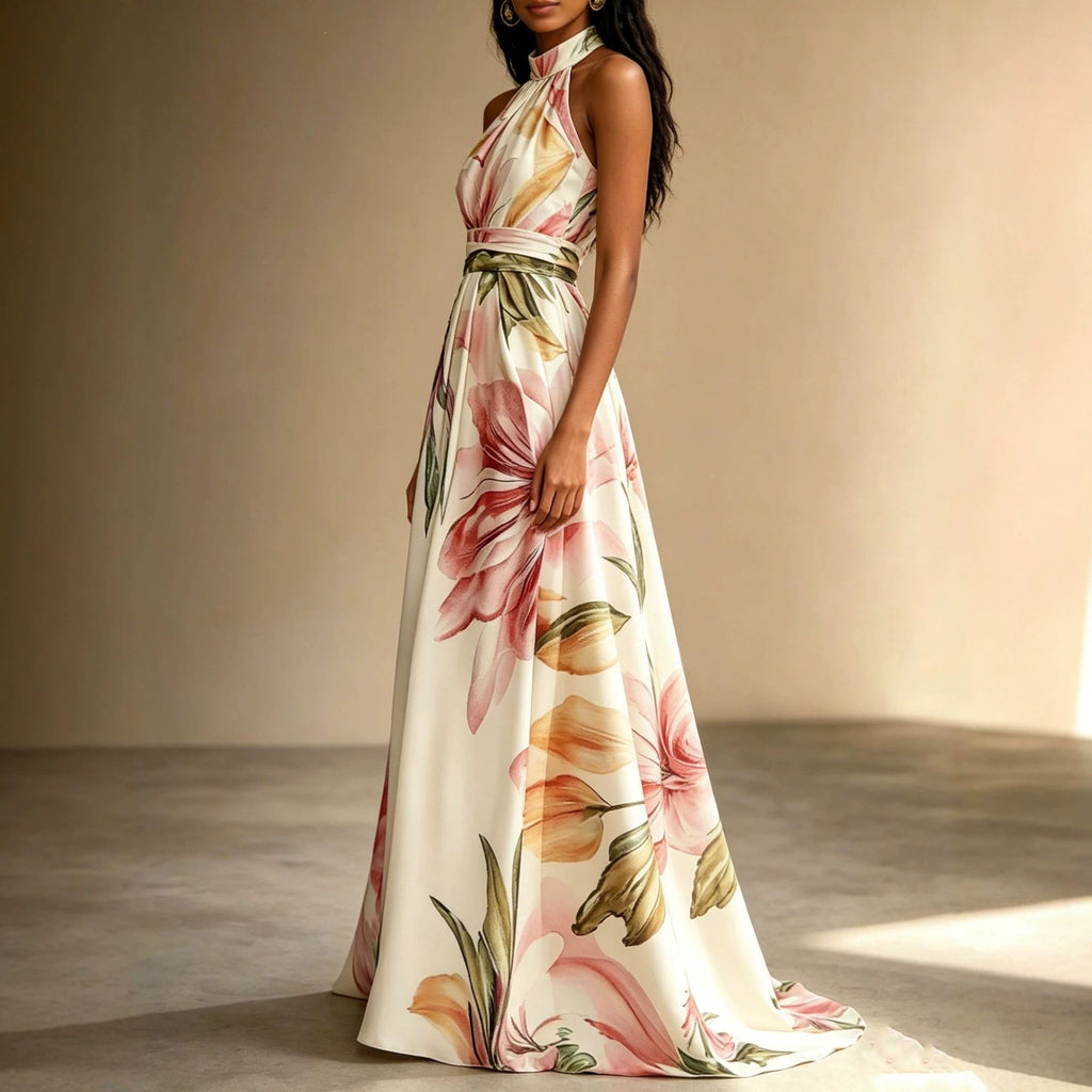 Elegant Floral Maxi Dress for Women – Backless High Waist Summer Dress with Flowy Oversized Skirt