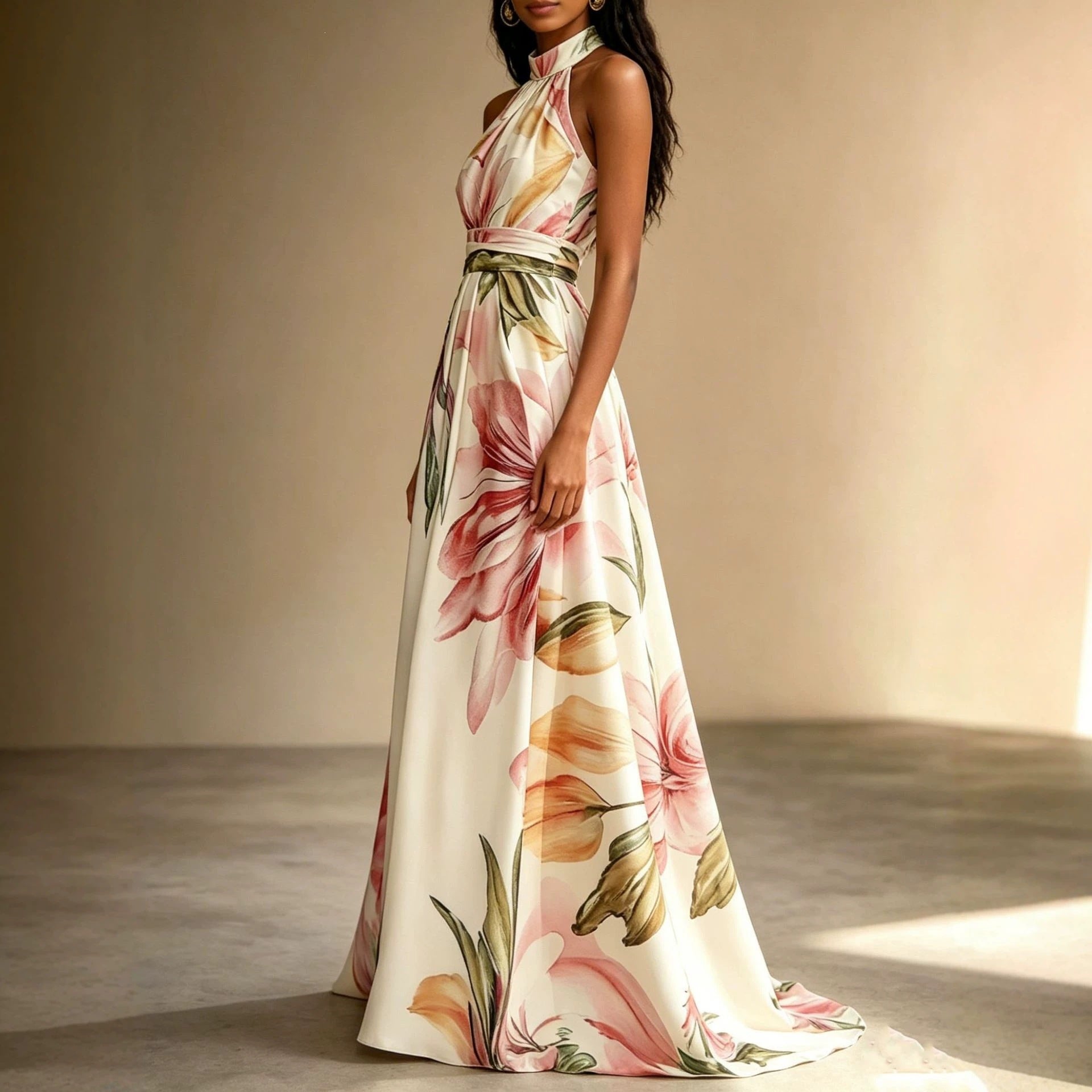 Elegant Floral Maxi Dress for Women – Backless High Waist Summer Dress with Flowy Oversized Skirt