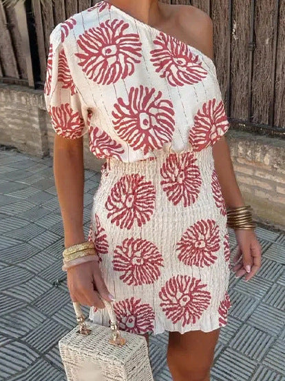 Off-Shoulder Printed Mini Dress | High Waist A-Line Summer Dress