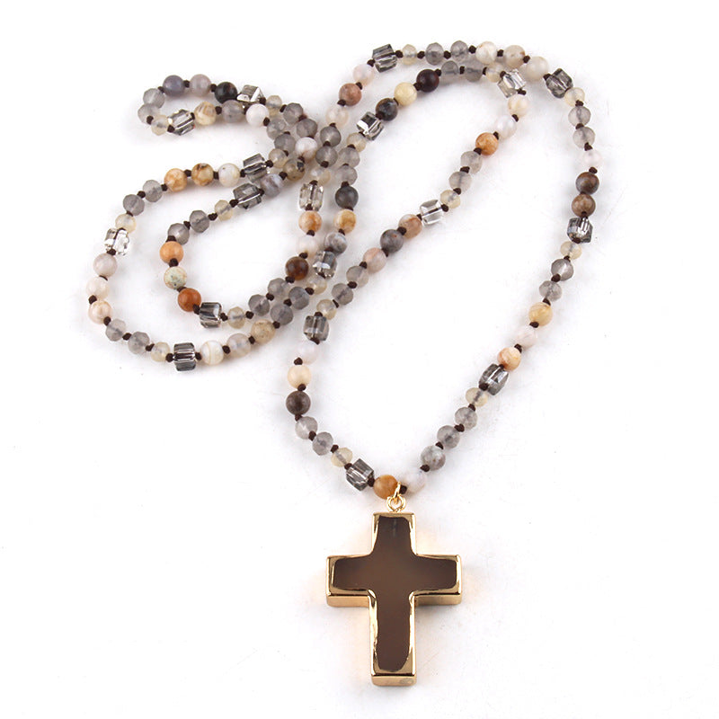 Boho Natural Stone Cross Necklace for Women | Long Sweater Chain | Bohemian Layered Pendant Jewelry Gift