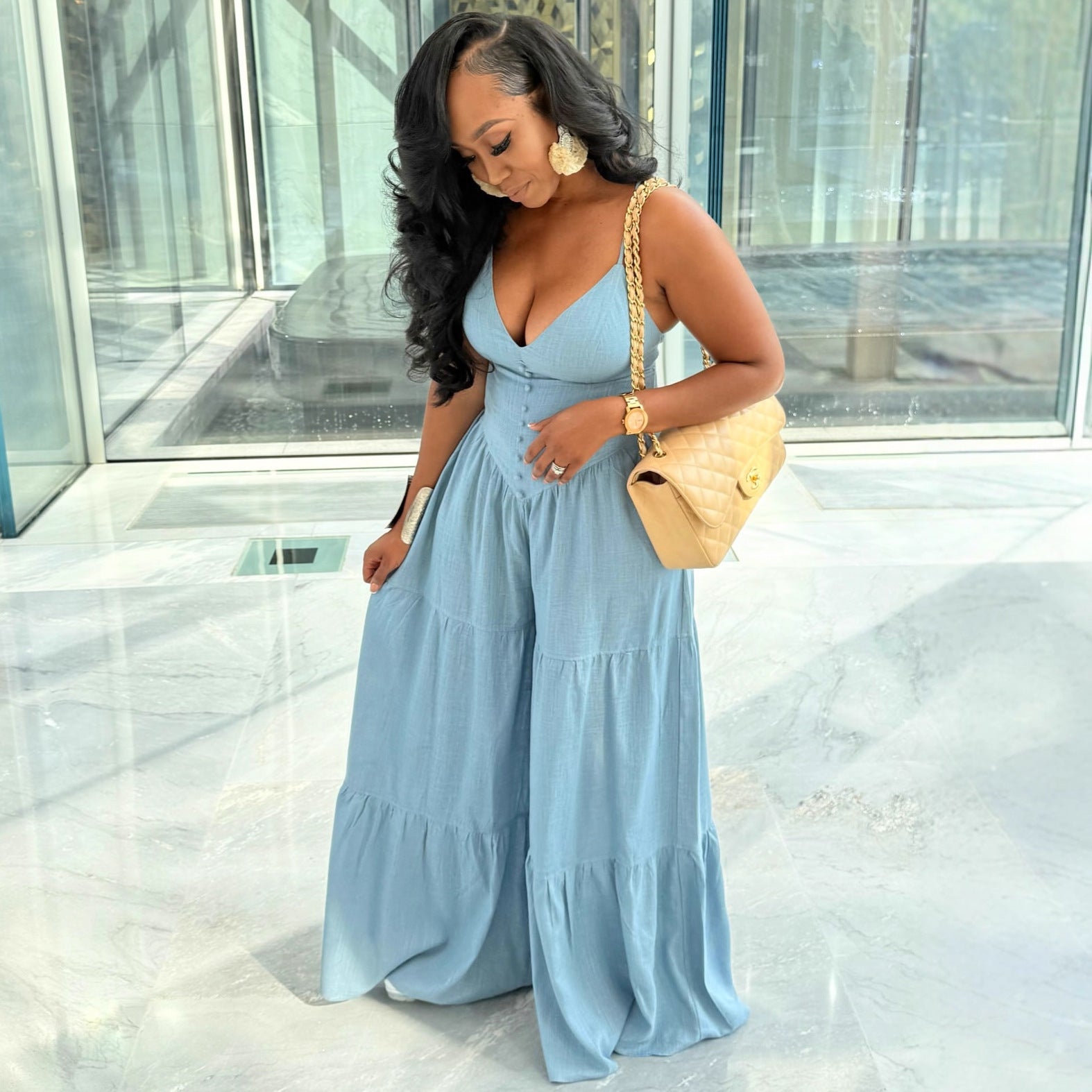 Deep V-Neck Open Back Jumpsuit for Women