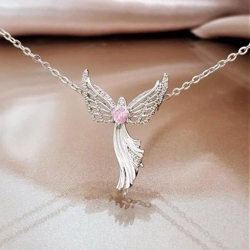 Women Angel Diamond Pendant Necklace | Religious Jewelry Gift for Women & Men | Silver Crystal Charm Necklace