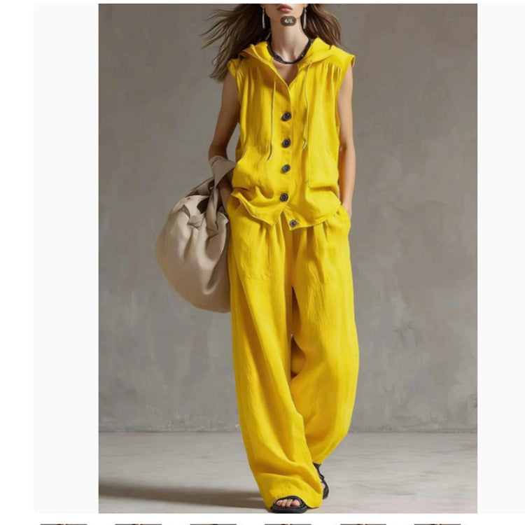 Women's 2-Piece Lounge Set | Sleeveless Hoodie & Wide-Leg Pants